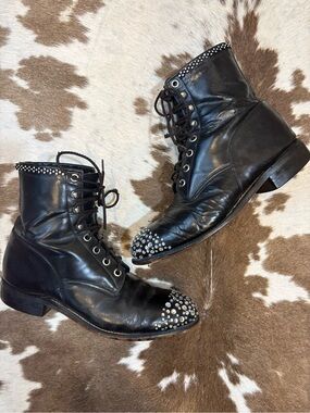 Justin Boots Black Studded Leather Lace-Up Heeled Boots